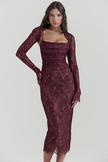 Clothing : Midi Dresses : 'Gaia' Claret Lace Midi Dress Midi Dress Lace, Elegant Cocktail Dress, Hugging Silhouette, Semi Formal Dress, Lace Bodycon, Lace Print, Dress Inspo, Lace Bodycon Dress, Lace Midi