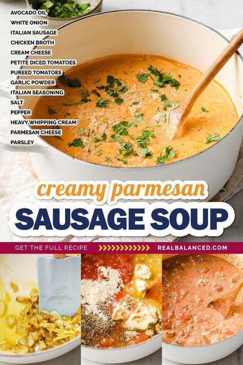 This Creamy Keto Italian Sausage Soup is a one-pot dish that can be made in 30-minutes and features Italian sausage browned with onions until fragrant. Add some cream cheese, tomatoes, and heavy whipping cream to give this soup its delicious creamy texture. Sprinkle it with Parmesan cheese and fresh parsley, and you'll have a warm cozy soup that the whole family will love! #realbalancedblog #30minutesoup #lowcarbsoup Parmesan Sausage Soup, Keto Italian Sausage Soup, Creamy Italian Sausage Soup, Keto Italian, Sausage Parmesan, Sausage Soup Recipes, Parmesan Soup, Cream Soup Recipes, Cozy Soup