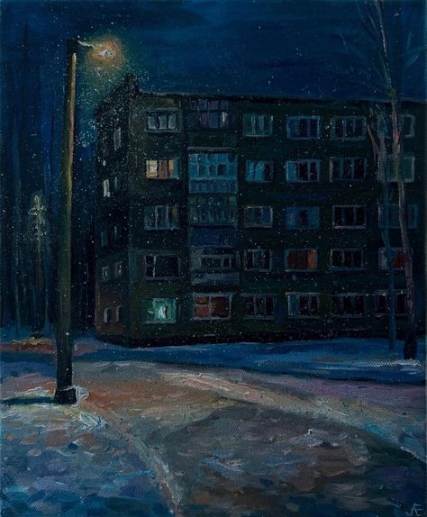 Blue Artwork, Soviet Art, City Painting, Dark Art Drawings, After Life, Ap Art, Night Painting, Dreamy Art, Night Aesthetic