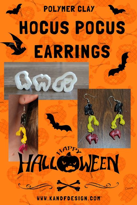 I will show you how to make these fun Hocus Pocus earrings. They are the perfect craft if you are new to polymer clay. Hocus Pocus Earrings, F Design, I Will Show You, Hocus Pocus, Polymer Clay, Novelty Sign, Make It Yourself, Halloween, Design