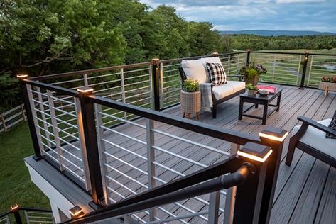 How to Choose the Right Deck Railing Railing Styles, Vinyl Deck Railing, Trex Deck Lighting, Deck Design Plans, Post Cap Lights, Trex Composite Decking, Deck Stair Railing, Metal Deck Railing, Deck Railing Systems