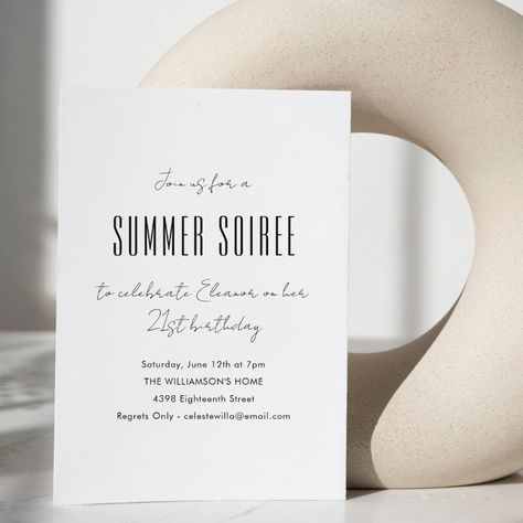 Modern Minimal Summer Soiree Birthday Party White Invitation - Birthday Invitation Party Invitation Aesthetic, Soiree Invitation, Invitation Aesthetic, Minimalist White Background, Summer Birthday Invitations, 92nd Birthday, White Invitation, Summer Party Invitations, 21st Birthday Party