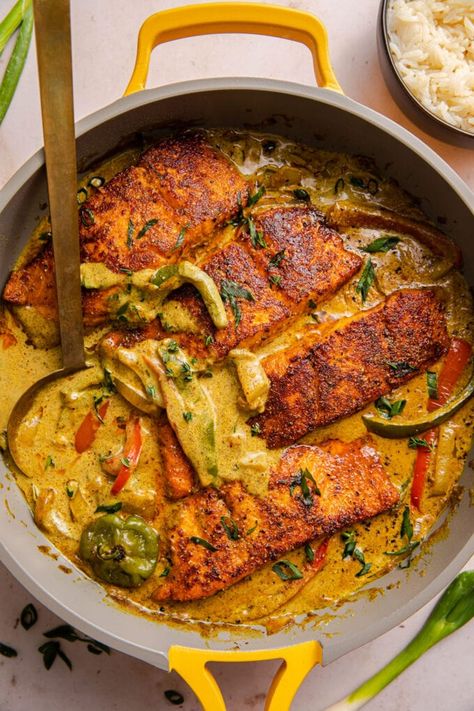 Coconut Curry Salmon, Curry Salmon, Satisfying Pics, Mediterranean Fish, Caribbean Dishes, Fish Friday, Carribean Food, Coconut Curry Sauce, Jamaican Cuisine