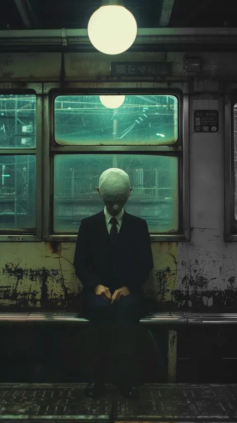 Full Color Image in ai-img-gen.com 🔸 An eerie man with an unusually large head sits on a bench on a station platform in rural Japan. The ... 🔸 From Midjourney AI Image Inside A Train, Rural Japan, Mysterious Man, Japan Train, A Man In A Suit, Man In A Suit, Man Sitting, Train Car, Colour Images