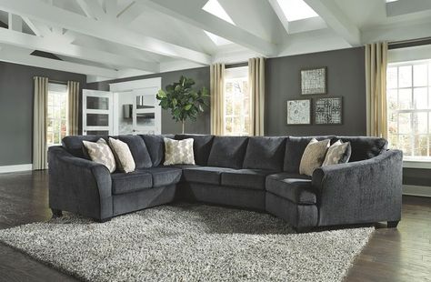 Create your very own cozy corner of the world with this sectional in slate gray. Uniquely chic components, including an angled cuddler and sofa with corner wedge, redefine how warm and enticing large-scale furniture can be. Wrapped in a plush and textural chenille fabric, this gorgeous gray sectional is richly tailored with sloped, flared arms that enhance the inviting feel and contemporary appeal. Sectional With Cuddler, Gray Couches, Cuddler Sectional, Furnitur Ruang Keluarga, Large Sectional, Sofa L, Accent Ottoman, Gray Walls, Grey Sectional