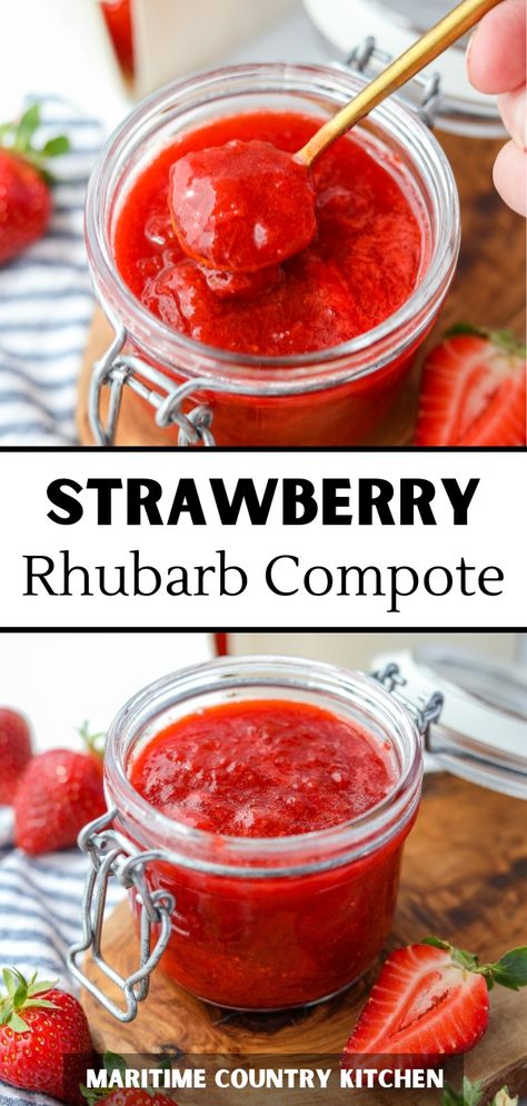 If you're looking for strawberry rhubarb recipes, you need to try this simple strawberry rhubarb compote! Like a jam, but with much more fruit and way less sugar, this sweet and tart spread tastes delicious with all sorts of things. Use it to top ice cream, yogurt, pancakes, brie, and more. This simple fruit spread is the BEST way to welcome Spring! Strawberry Rhubarb Compote Recipe, Rhubarb Compote Recipe, Brie Pancakes, Fruit Compote Recipe, Pancakes Yogurt, Strawberry Rhubarb Recipes, Scones And Clotted Cream, Strawberry Rhubarb Compote, Toasted Crostini