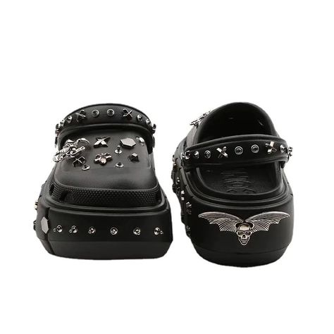 https://s.click.aliexpress.com/e/_oDucgpk Top On Sale Product Recommendations!;Sunny Color Rivet Hole Shoes Women's Summer Thick Bottom Punk Retro Fashion Ins Trend Closed-Toe Slippers;Original price: PKR 9309.22;Now price: PKR 9309.22; Goth Crocs, Goth Punk Aesthetic, Crocs Platform, Platform Slip Ons, High Platform Shoes, Black Crocs, Shoes Crocs, Bat Design, Women's Slip Ons