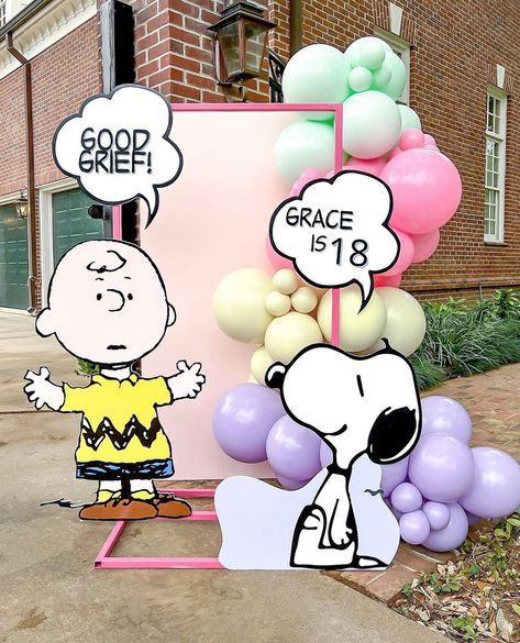 Good grief! Grace is 18! 💕 Such a cute way to welcome your guests . Event planning & styling | @wowmyparty | MODERN EVENT DECOR & BALLOONS (@wowmyparty) on Instagram Snoopy Bday Party, Snoopy Balloon Garland, Peanuts Party Decorations, Snoopy Decorations Birthday Parties, Snoopy First Birthday Party, Snoopy Birthday Ideas, Snoopy Party Decorations, Snoopy Party Ideas, Snoopy Birthday Decorations