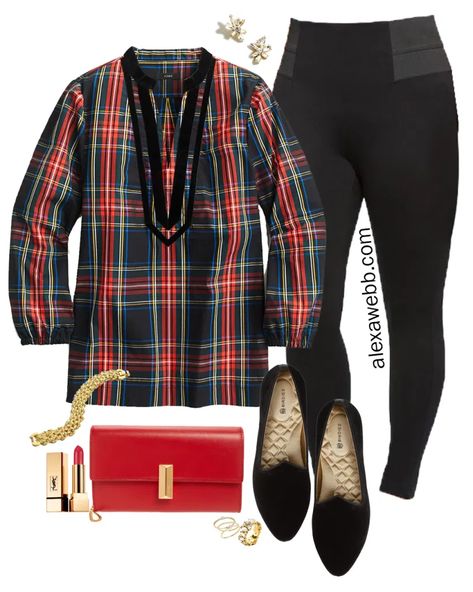 Plus Size Plaid Tunic Outfit Idea - Alexa Webb Plaid Tunic Outfit, Tunic Outfit Winter, Knit Leggings Outfit, Brogues Womens Outfit, Diy Crochet Ornaments, Easy Diy Crochet, Loafers For Women Outfit, Tunic Outfit, Alexa Webb