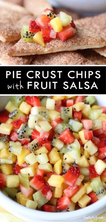 Sugar and cinnamon covered pie crust chips, served with a bright and fresh fruit salsa is the best summer snack ever! #piecrustchips #piechips #piecrust #fruitsalsa #fruitsalsaandcinnamonchips #summersnacks #summerdessertseasy Dessert Salsa Recipe, Inexpensive Work Lunches, Unique Appetizer Recipes, Fresh Fruit Snacks, Summer Themed Snacks, Summer Food Snacks, Summer Snacks For Party, Pie Crust Chips, Lake Snacks