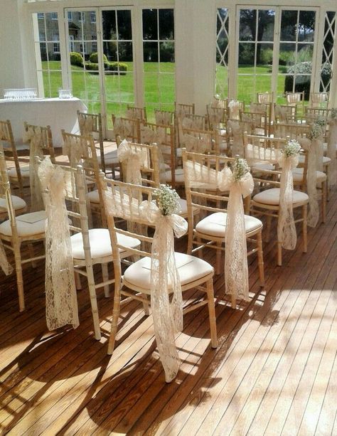 Wedding Chair Sashes, The Orangery, Lace Sash, Ceremony Chairs, Wedding Chair Decorations, Vintage Wedding Theme, Wedding Chair, Chair Sashes, Wedding Hall