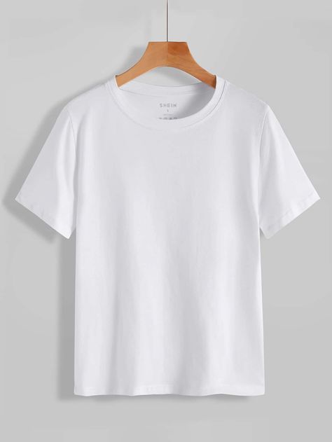 White Basics  Short Sleeve Cotton Plain  Embellished Slight Stretch Summer Women Tops, Blouses & Tee Basic White Shirt, Tshirt Printing Design, Plain Tshirt, Online Dress Shopping, Shein Style, Basic Tee, Women Tops, Crew Neck Tee, Basic Tees