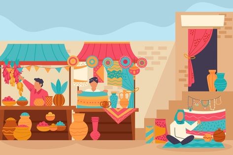 Bazaar Illustration, Arabic Market, Market Illustration, Shop Street, Pop Up Market, Flat Design Illustration, Street Market, Happy People, Book Illustration