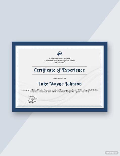 FREE Company Experience Certificate Template - Word | PSD | InDesign | Apple Pages | Illustrator | Publisher | Template.net Experience Certificate Format, Experience Letter Format, Experience Letter, Certificate Design Inspiration, Experience Certificate, Certificate Model, Travel Brochure Design, Certificate Format, Free Certificate Templates