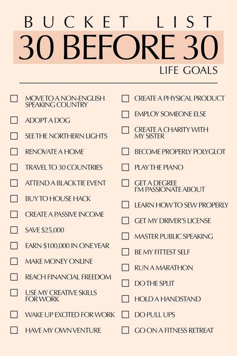 30 Before 30: Life Goals Bucket List❗️#LoveStory #RomanticEncounters #HeartfeltConnections #DateNightIdeas #SoulmateSearch #FlirtyFridays #CandlelitDinners #StarryEyedMoments #LoveQuotes #DreamyDates #WhisperedPromises #AmourAdventures List Of Dreams And Goals, Life Bucketlist Before 30, Check Off What You Did This Year List, Bucklist Ideas Life Goals, What Turns You On, Goals By 30, Personal Growth Bucket List, 135 Rule To Do List, Things To Add To Bucket List