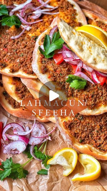 Taghrid Ahmad on Instagram: "Finally a Sfeeha/Lahmacun reel after all these years! These are spiced open meat pies cooked on flat bread, a popular dish throughout the Levantine, occasionally topped with fresh vegetables & sumac onions with a squeeze of lemon, SO good!! These were so theraputic to make I could do it all day 😍 here’s the full recipe! If you can’t be bothered making the flatbreads like I did you can easily make the meat mixture & spread it on pita of your choice for a quick lunch/dinner idea!  Sfiha / Lahmacun  Dough:  4 cups plain flour  1/2 cup yoghurt 1/4 cup oil flavourless oil 1 teaspoon of salt 1 tablespoon dried yeast  1 teaspoon sugar  1 cup warm water  Meat mixture:  1/2 kilo lean beef mince @akarmeats  4 tomatoes  3 onions large  Handful fresh parsley  1/2 small gr Sumac Onions, Meat Pies, Phyllo Dough, Flat Bread, Lean Beef, Quick Lunch, Meat Pie, After All These Years, Quick Lunches