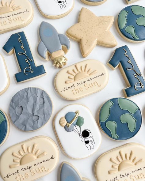 First Trip Around The Sun Birthday Cookies, First Birthday Theme Boy, Sun Theme, Baby First Birthday Themes, First Birthday Cookies, Boys First Birthday Party Ideas, First Trip Around The Sun, Boys 1st Birthday Party Ideas, Astronaut Birthday