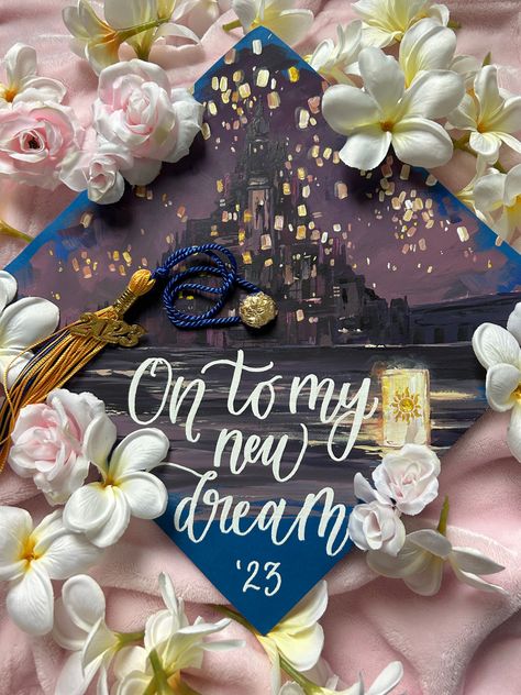 Tangled Themed Graduation Caps, Anthropology Graduation Cap, Tangled Grad Cap, Rapunzel Graduation Cap, Graduation Cap Painting, Tangled Graduation Cap, Painted Grad Cap, Tangled Theme, Disney Graduation Cap