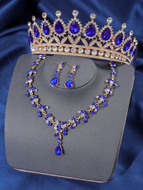 Elegante conjunto de accesorios para el cabello de novia y boda con corona de reina con pedrería, collar y aretes para mujeres y niñas; adecuado para fiestas y eventos de baile como tiara Azul Casual,Elegante,Lujo   Aleación de zinc     Wedding & Event, size features are:Bust: ,Length: ,Sleeve Length: Royal Blue Quinceanera Jewelry, Royal Blue Crown Quinceanera, Sapphire Headpiece, Royal Blue Decorations For Quince, Wedding Tiaras And Crowns, Quince Accessories, Blue Tiara, Royal Blue Quince, Royal Blue Quinceanera