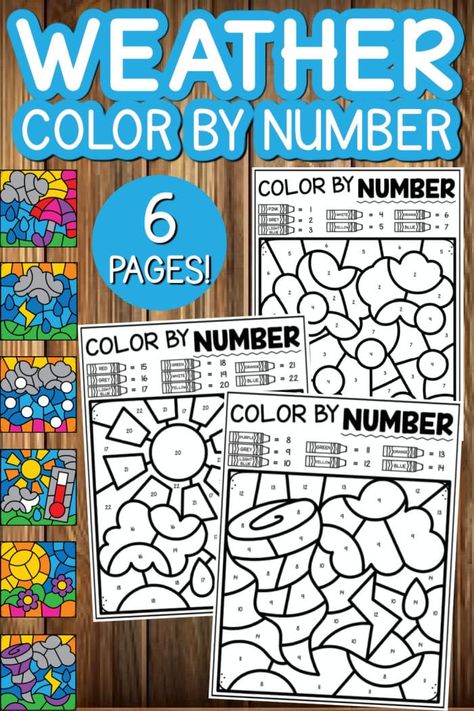 Free weather coloring pages for kids are here. Weather printables showing sun, rain, tornado, umbrella and clouds. Weather color by number. Severe Weather Activities For Kids, Free Weather Printables, Weather Kindergarten Activities, Weather Coloring Pages, Weather Crossword, Weather Printables, Weather Kindergarten, Weather Activities For Kids, Free Preschool Printables