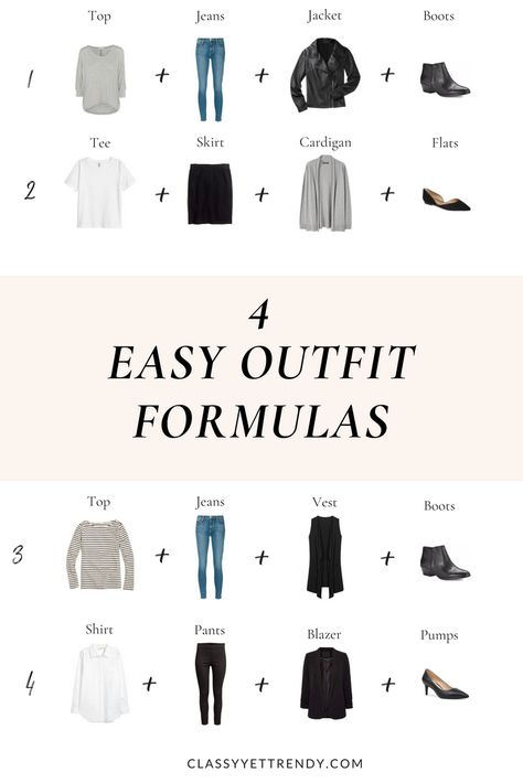 4 Easy Outfit Formulas - use these outfit ideas to get dressed quickly every day!  You can mix and match your wardrobe using a striped top, tee, shirt, jeans, pants, skirt, jacket, blazer, cardigan, vest, boots, flats and pumps to create many outfits.  Transform your closet! Classy Yet Trendy, Easy Outfits, Travel Capsule Wardrobe, Fashion Capsule Wardrobe, Easy Outfit, Skirts With Boots, Outfits To Wear, Mode Jeans, Outfit Formulas