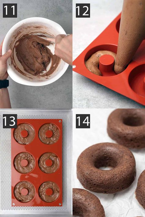 Collage of four images about the donuts process. Mixing ingredients and piping the cream into a silicone mould evenly. On the last image the baked donuts are on a white baking paper. Donuts In Silicone Mold Recipe, Silicone Donut Mold Recipe, Silicone Molds Recipes, Baking Moulds, Chocolate Donuts Baked, Cake Mix Donuts, Baked Doughnut Recipes, Donut Tray, Baked Doughnuts