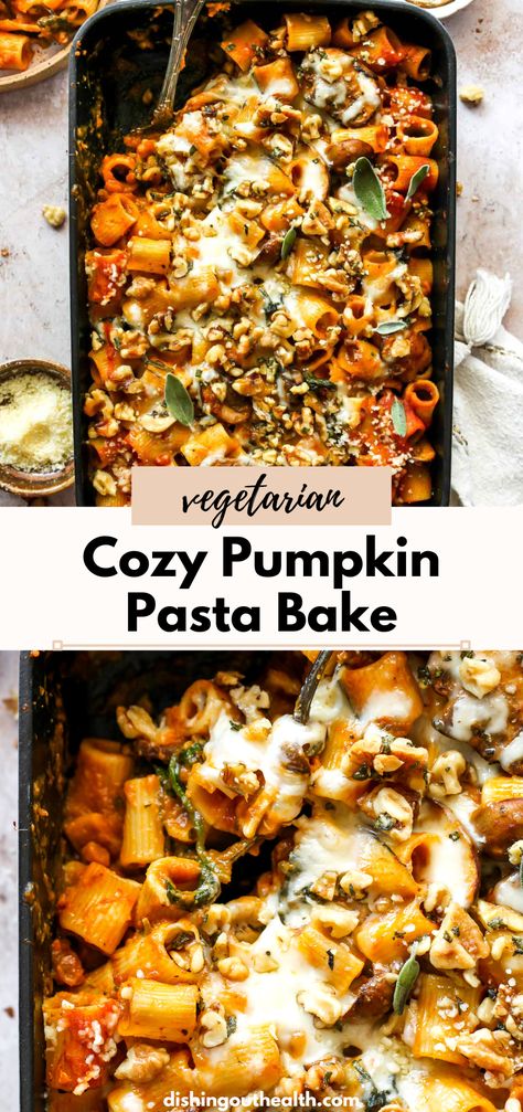 Cheesy pumpkin pasta bake with mushrooms, spinach, creamy pumpkin tomato sauce, and buttery walnut-sage topping. The ultimate fall pasta dish! #pumpkinpasta #bakedpasta #pumpkinrecipes #fallrecipes Easy Fall Vegetarian Dinners, Pumpkin Crockpot Recipes Dinner, Pumpkin Baked Ziti, Healthy Fall Casseroles, Pumpkin Mushroom Pasta, Savoury Pumpkin Pie, Pumpkin Recipes Pasta, Fall Pescatarian Recipes, Autumn Crockpot Meals