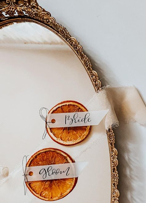 Orange Slice Name Card, Dried Orange Wedding, Wedding Vellum, Hand Lettered Place Cards, Wedding Fruit, Handwritten Place Cards, Seating Wedding, Vellum Overlay, Wedding Reception Details