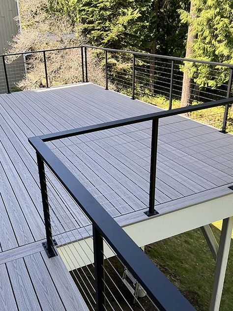 Cable Deck Railing - Wire Railing | Mailahn Innovation Wire Balcony Railing, Upstairs Balcony Ideas Railings, Low Profile Deck Railing, Outdoor Balustrade Ideas, Cable Wire Deck Railing Ideas, Cable Railings For Decks, Deck With Wire Cable, Deck Wire Railing Ideas, Outdoor Deck Railing Ideas