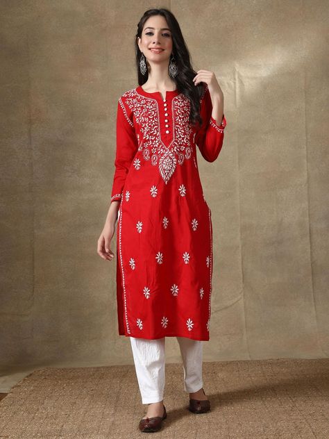 Red Kurti, Kurti Dress, Quick Outfits, White Leggings, White Pants, Leggings, Pants, Red, White