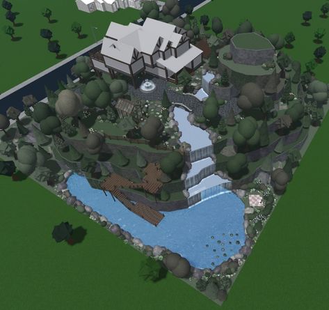 Bloxburg House Mountain Layout, Mountain Bloxburg House Layout, Bloxburg Rock House, Bloxburg Backyard Waterslide, Mountain House Ideas Bloxburg, Bloxburg Hill Mansion, How To Make A Mountain In Bloxburg, Greenville Roblox Houses, Mountain Mansion Bloxburg