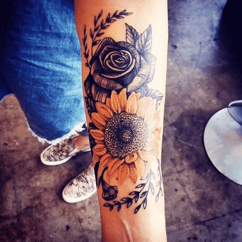 Sunflower Tattoo Design Images (Sunflower Ink Design Ideas) Sunflower Forearm Tattoo Women, Sunflower Arm Tattoos For Women, Sunflower Arm Tattoo Half Sleeves, Tattoo For Husband, Tattoo Ideas Sunflower, Grandma Tattoo, Sunflower Tattoo Ideas, Husband Tattoo, Sunflower Tattoo Sleeve