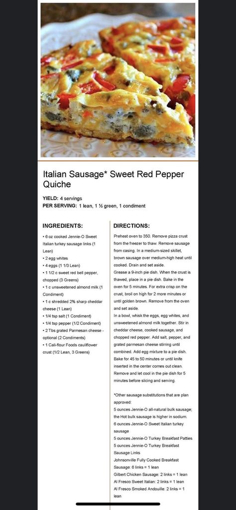 Italian Sausage Sweet Red Pepper Quiche, Optavia Quiche Recipes, Optavia Quiche, Optavia Breakfast, Pepper Quiche, Optivia Recipes, Optavia Diet, Optavia Hacks, Optavia Meals