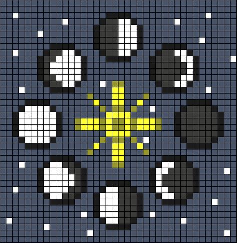 Moon Phase Pixel Art, Astrology Pixel Art, Moon Phases Pixel Art, Night Sky Crochet, Moon Perler Bead Pattern, Galaxy Pixel Art, Space Pixel Art, Moon Pixel Art, Moon Cross Stitch Pattern