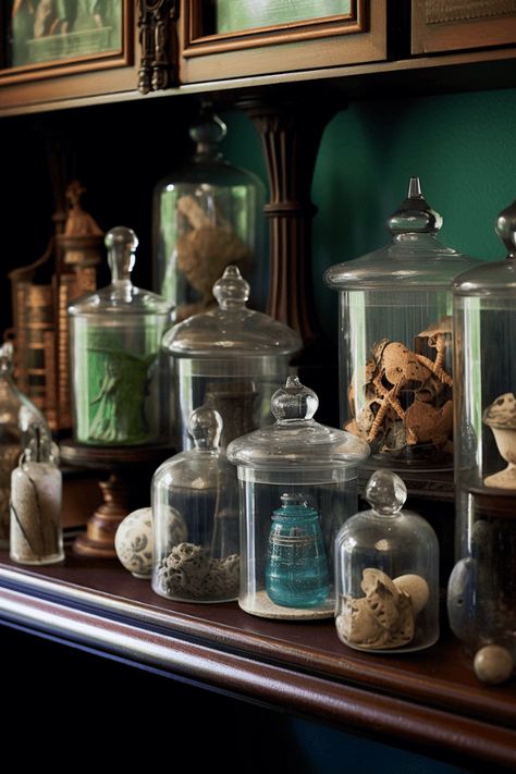 Dark Academia Apothecary, Witches Apothecary Cabinet, Victorian Apothecary Aesthetic, Large Apothecary Jars Decor, Apothecary Bedroom Ideas, Dark Apothecary Aesthetic, Colonial Apothecary, Home Apothecary Room, Apothecary Interior