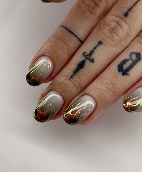 SALOMÉ 😈 NAIL ARTIST on Instagram: "Those chrome flames are lit 🔥😈 Using @victoriavynn milky white mega base, 101 by @favai_official and @shoplilicreuk ‘s Brad chrome powder #nails #nailart #nailartist #naturalnails #airbrush #chromenails" Chrome Powder Nails, Mega Base, Latest Nails, Kutek Disney, Mens Nails, Milky Nails, 2024 Nails, Nails Trends, Chrome Powder