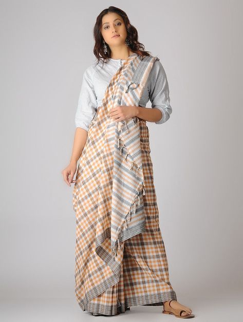 Buy Ivory Orange Grey Checkered Organic Cotton Saree Sarees Woven A Spring Affair Striped and in brilliant hues Online at Jaypore.com Checkered Saree, Sari Draping, Check Saree, Blouse For Saree, Pant Saree, Saree Drapes, Saree Drape, Lehenga Dress, Blouses Designs