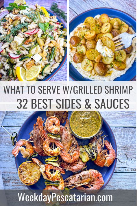 Here are the 32 best sides and sauces to serve with your favorite grilled shrimp recipe! Includes links to each recommended dish, along with photos of these rockstar dishes. Pin this one to your side dish recipes board today! Grilled Shrimp Dinner, Shrimp Side Dish, Marinated Asparagus, Grilled Shrimp Recipe, Spicy Grilled Shrimp, Shrimp And Rice Recipes, Best Sides, High Protein Dishes, Dinner Pasta