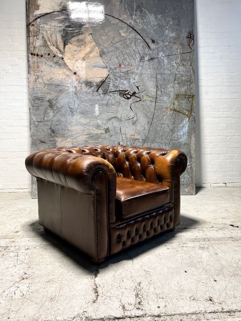 This is a great leather Chesterfield club chair with great patina! Tan Chesterfield Sofa, Leather Chesterfield Sofa, Club Armchair, Leather Chesterfield, Love Chair, Leather Club Chairs, Burnt Red, Red Sofa, Chesterfield Chair