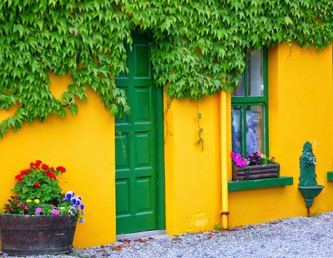 Wonderful yellow walls and the Green Door Yellow House Exterior, Home Gym Design Garage, Pintura Exterior, Exterior Paint Colors For House, Yellow Houses, Casa Exterior, Green Door, Yellow Walls, House Paint Exterior