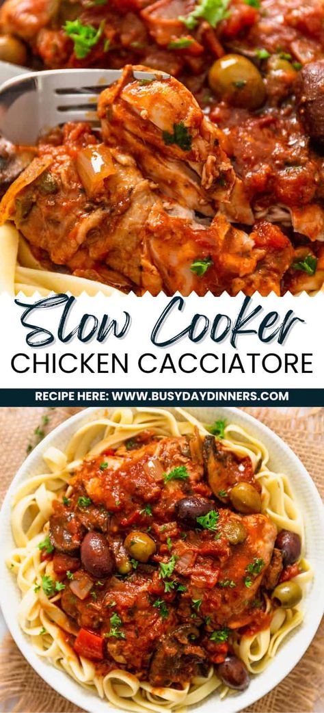 Easy Slow Cooker Chicken Cacciatore Recipe | Busy Day Dinners Chicken Leg Slow Cooker, Crockpot Chicken Leg Recipes, Chicken Cacciatore Easy, Chicken Cacciatore Slow Cooker, Seasoned Chicken Thighs, Crockpot Chicken Cacciatore, Slow Cooker Chicken Cacciatore, Cacciatore Recipes, Chicken Cacciatore Recipe