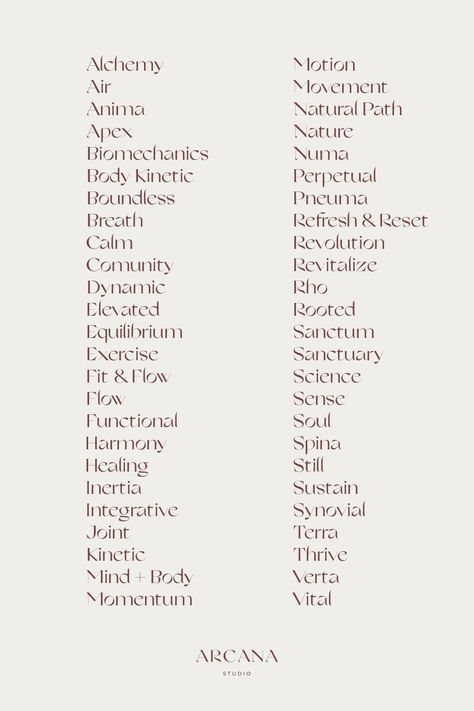 Arcana Studio: crafting holistic brand and website design for purpose-driven businesses. Discover your brand's essence at ArcanaStudio.co Creating A Brand Name, Names For Studio, Holistic Studio Design, Health Coach Business Names, Names For Graphic Design Business, Holistic Healing Business Names, Holistic Business Ideas, Earthy Business Names, Wellness Brand Name Ideas