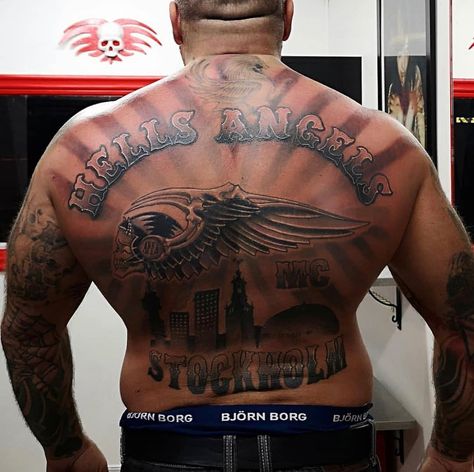 HAMC  STOCKHOLM Angels Back Tattoo, Hells Angels Tattoo, Angel Back Tattoo, Angels Tattoo, Outlaw Tattoo, Hells Angles, Biker Tattoos, Angel Tattoo Designs, Back Tattoos For Guys