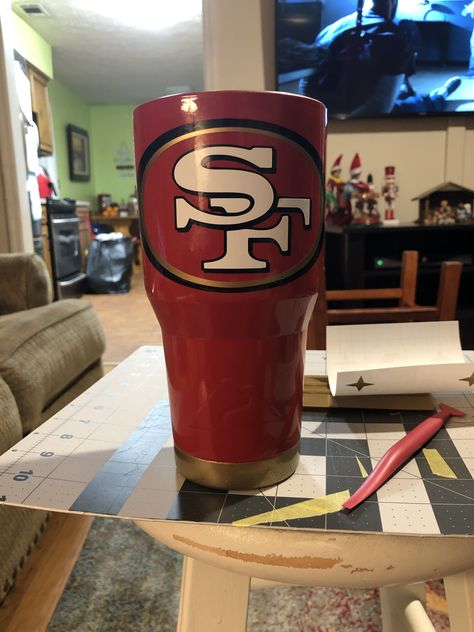 49ers Tumbler Cup, 49ers Tumbler, Yeti Designs, Custom Yeti, Glitter Tumblers, Painted Cups, Tumbler Ideas, Custom Cups, Silhouette Cameo Projects