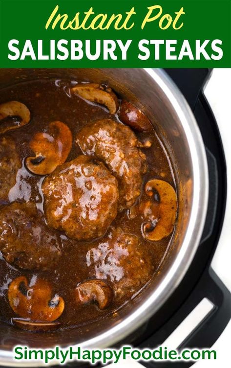 Instant Pot Salisbury Steaks are delicious beef patties that are well seasoned and cooked in a fabulous mushroom-onion gravy. Serve this fantastic pressure cooker Salisbury Steak recipe over creamy mashed potatoes for a tasty, satisfying meal. simplyhappyfoodie.com #instantpotsalisburysteak #salisburysteak #pressurecookersalisburysteak Steak In Instant Pot, Salisbury Steaks, Hamburger Steak And Gravy, Swiss Steak Recipes, Salisbury Steak Recipe, Swiss Steak, Beef Steak Recipes, Salisbury Steak Recipes, Recipes Instant Pot