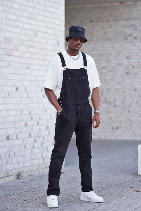 Black Overall Outfit Men, Mens Black Overalls Outfits, Overalls Outfit Fall Men, Men In Overalls Fashion, Mens Fashion Artist Style, Black Mens Fashion Streetwear, Overalls Men Outfits, Black Men’s Overalls Outfit, Dickie Outfits Men