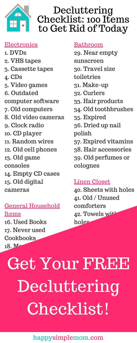 FREE Decluttering Checklist. Get rid of 100 pieces of clutter today! #declutter #declutteringideas #declutterinchecklist Decluttering Checklist, Getting Rid Of Clutter, Declutter Your Life, Cute Dorm Rooms, Clearing Clutter, Old Computers, Organize Declutter, Declutter Your Home, Cleaning Checklist