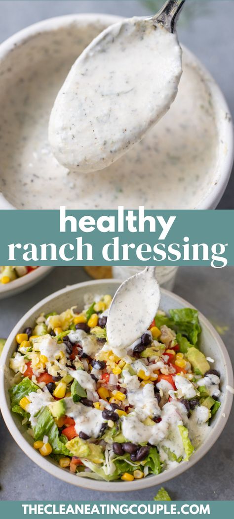 This Healthy Ranch Dressing Recipe is SO easy to make. A simple Greek yogurt Ranch dressing that tastes just like the real thing! Healthy Ranch Recipe, Healthy Ranch Dressing Recipe, Healthy Ranch, Greek Yogurt Ranch Dressing, Healthy Dressing Recipes, The Clean Eating Couple, Clean Eating Couple, Healthy Ranch Dressing, Yogurt Ranch Dressing