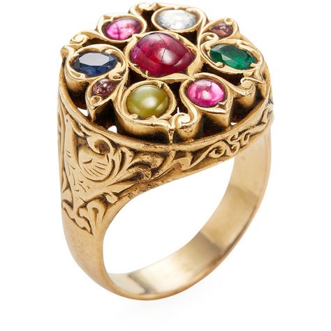 Amrapali Women's 22K Yellow Gold & Navratna Stone Cocktail Ring - Size... (153,280 INR) ❤ liked on Polyvore featuring jewelry, rings, multi, wide rings, gold ring, gold cocktail rings, yellow gold rings and amrapali jewelry Cocktail Rings Gold, Navratan Ring, Amrapali Jewellery, Family Ring, Ladies Rings, Rings Antique, Art Jewelry Design, Men Rings, Handmade Gold Jewellery