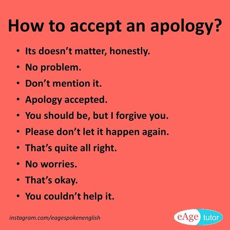 How to accept an apology? Other words to say instead of "its ok" ‪#learnenglish #words #apology #eagespokenenglish How To Improve Vocabulary, Words English Vocabulary, Words English, Improve Vocabulary, English Vinglish, Sms Language, Conversational English, An Apology, English Vocab